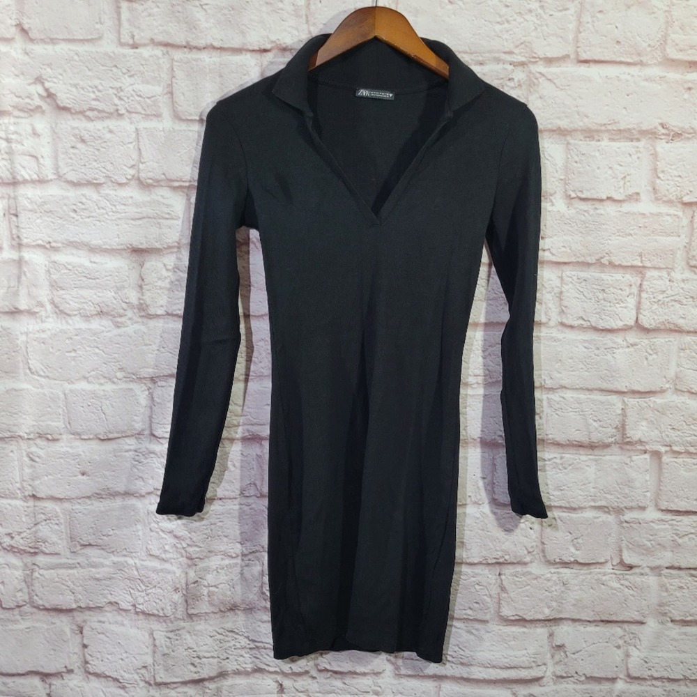 Zara Black Rib Knit Split Neck Long Sleeve Midi Sweater Dress